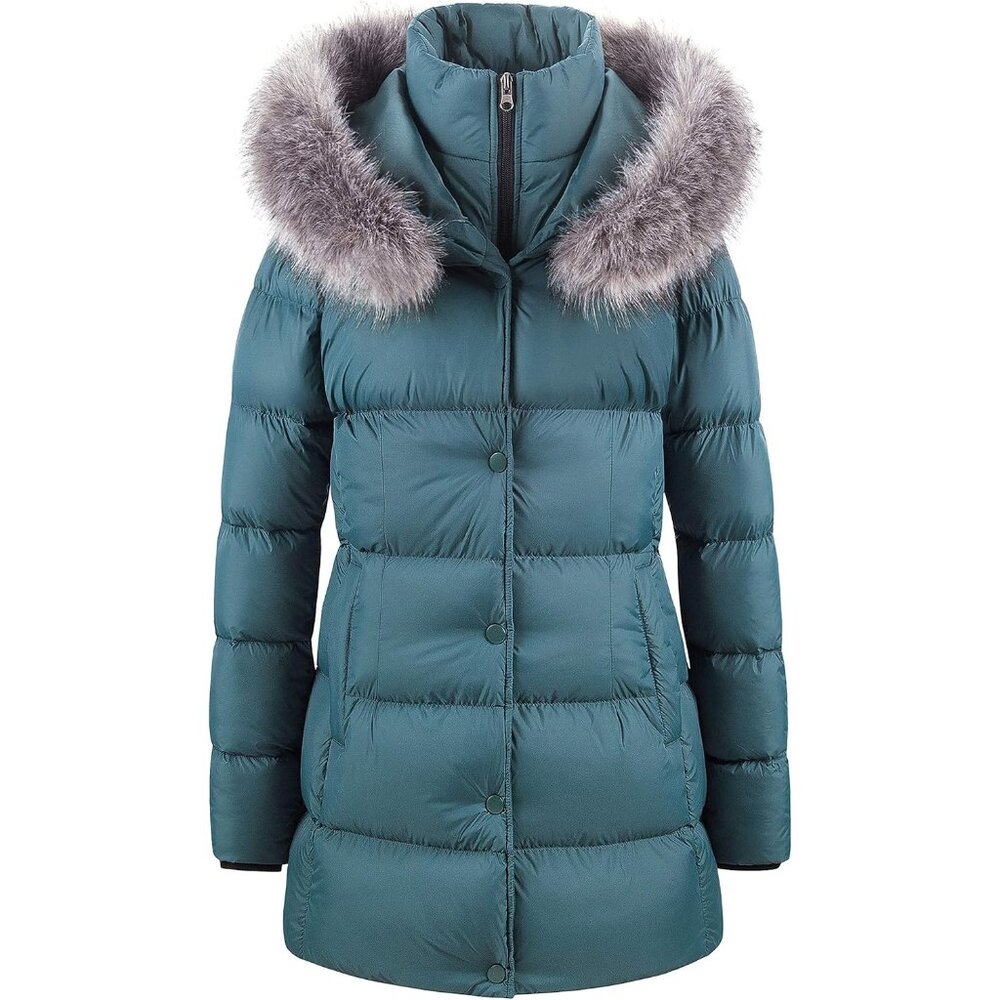 Women's Acid Blue Winter Snow Removable Puffer Jacket Coat Faux Fabric